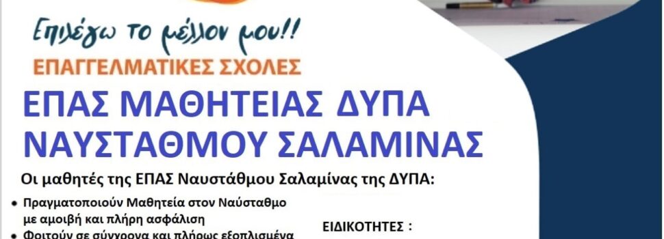 ΕΙΣΑΙ 15-29 ΕΤΩΝ; ΨΑΧΝΕΙΣ ΕΠΑΓΓΕΛΜΑ ΜΕ ΜΕΛΛΟΝ; ΕΛΑ ΣΤΗΝ ΕΠΑ.Σ. ΝΑΥΣΤΑΘΜΟΥ ΣΑΛΑΜΙΝΑΣ ΤΗΣ Δ.ΥΠ.Α.!