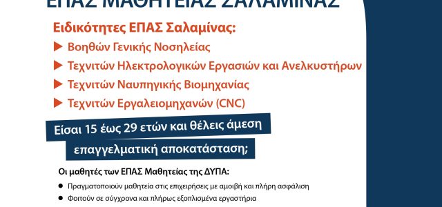 ΕΙΣΑΙ 15-29 ΕΤΩΝ; ΨΑΧΝΕΙΣ ΕΠΑΓΓΕΛΜΑ ΜΕ ΜΕΛΛΟΝ; ΕΛΑ ΣΤΗΝ ΕΠΑ.Σ. ΝΑΥΣΤΑΘΜΟΥ ΣΑΛΑΜΙΝΑΣ ΤΗΣ Δ.ΥΠ.Α.