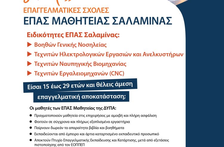 ΕΙΣΑΙ 15-29 ΕΤΩΝ; ΨΑΧΝΕΙΣ ΕΠΑΓΓΕΛΜΑ ΜΕ ΜΕΛΛΟΝ; ΕΛΑ ΣΤΗΝ ΕΠΑ.Σ. ΝΑΥΣΤΑΘΜΟΥ ΣΑΛΑΜΙΝΑΣ ΤΗΣ Δ.ΥΠ.Α.